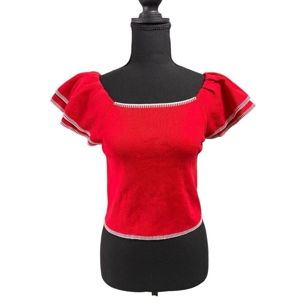 Saodimallsu Women’s Square Neck Ruffle S/S Cropped Sweater Top